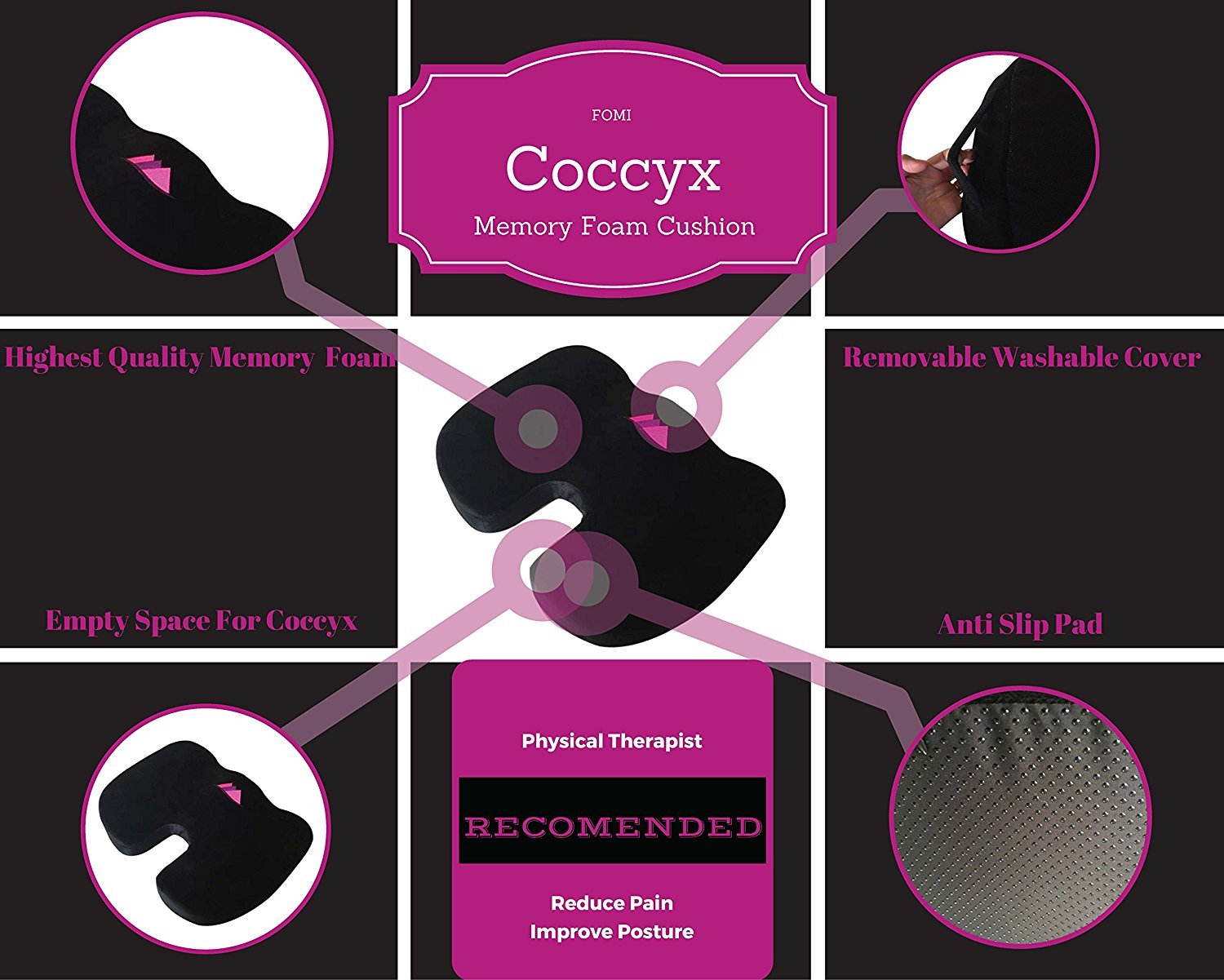 Coccyx Cushion Pillow by FOMI Care | Orthopedic Memory Foam Seat Cushion for Car, Office Chair, Wheelchair, Airplane, or Stadium | Pain Relief for Back, Tailbone, Hips, Sciatica, Prostate | Anti-Slip - FoMI Care